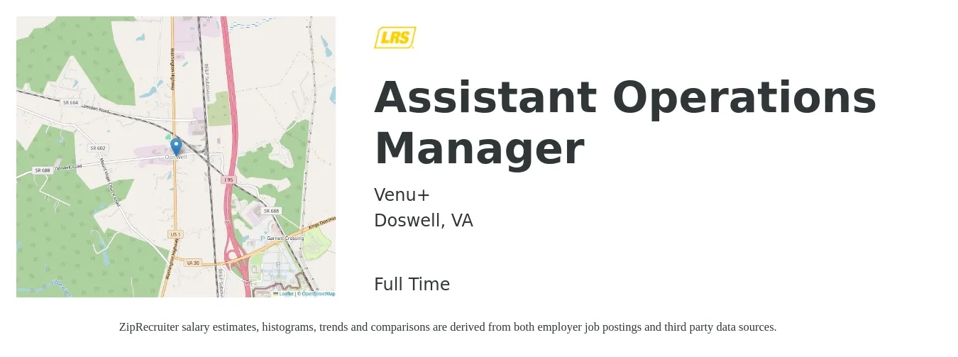 Venu+ job posting for a Assistant Operations Manager in Doswell, VA with a salary of $38,200 to $63,200 Yearly with a map of Doswell location.