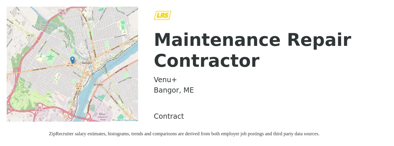 Venu+ job posting for a Maintenance Repair Contractor in Bangor, ME with a salary of $26 to $32 Hourly with a map of Bangor location.