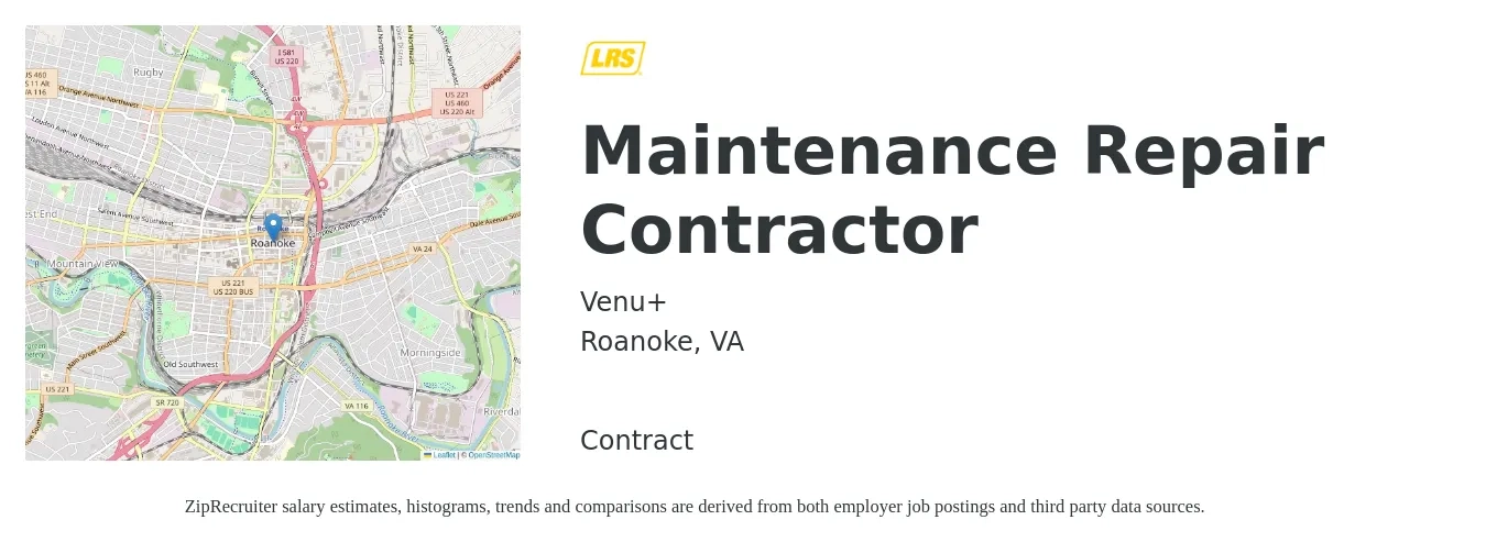 Venu+ job posting for a Maintenance Repair Contractor in Roanoke, VA with a salary of $24 to $32 Hourly with a map of Roanoke location.