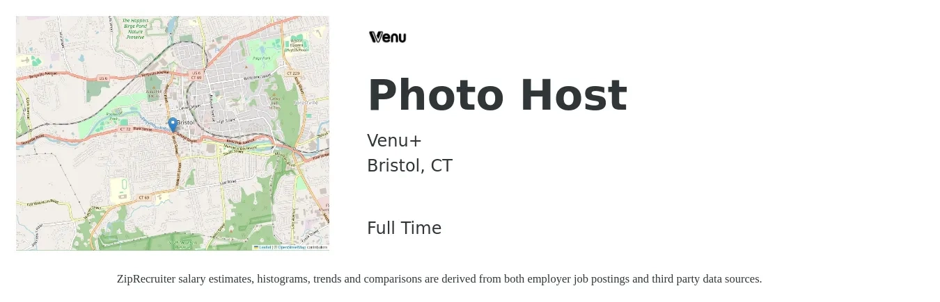 Venu+ job posting for a Photo Host in Bristol, CT with a salary of $14 to $19 Hourly with a map of Bristol location.