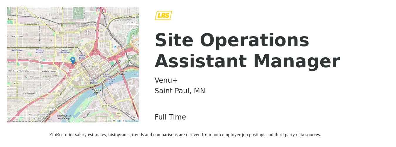 Venu+ job posting for a Site Operations Assistant Manager in Saint Paul, MN with a salary of $36,400 to $74,300 Yearly with a map of Saint Paul location.