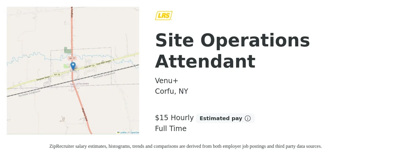 Venu+ job posting for a Site Operations Attendant in Corfu, NY with a salary of $16 Hourly with a map of Corfu location.