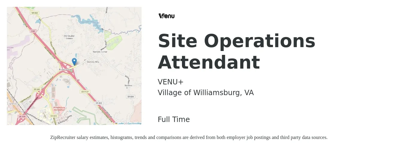 VENU+ job posting for a Site Operations Attendant in Village of Williamsburg, VA with a salary of $13 to $16 Hourly with a map of Village of Williamsburg location.