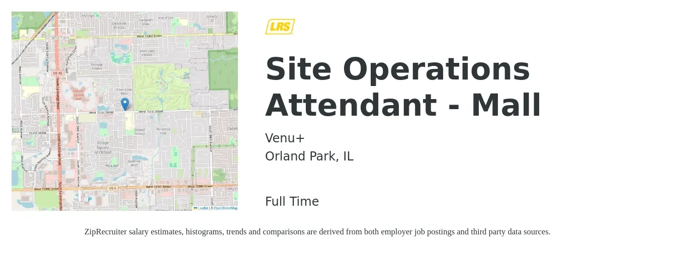 Venu+ job posting for a Site Operations Attendant - Mall in Orland Park, IL with a salary of $14 to $18 Hourly with a map of Orland Park location.