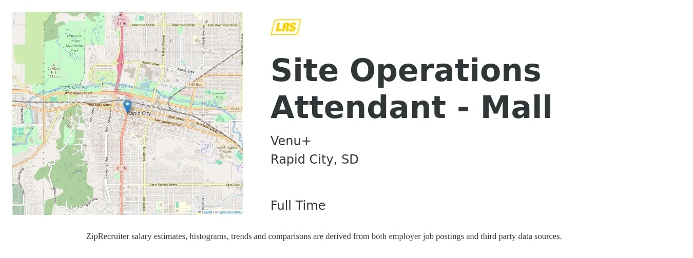 Venu+ job posting for a Site Operations Attendant - Mall in Rapid City, SD with a salary of $14 to $18 Hourly with a map of Rapid City location.