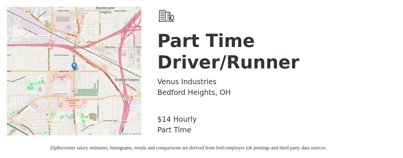 Venus Industries job posting for a Part Time Driver/Runner in Bedford Heights, OH with a salary of $15 Hourly with a map of Bedford Heights location.