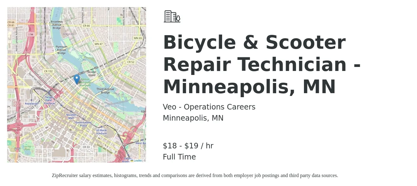 Veo - Operations Careers job posting for a Bicycle & Scooter Repair Technician - Minneapolis, MN in Minneapolis, MN with a salary of $18 to $19 Hourly with a map of Minneapolis location.