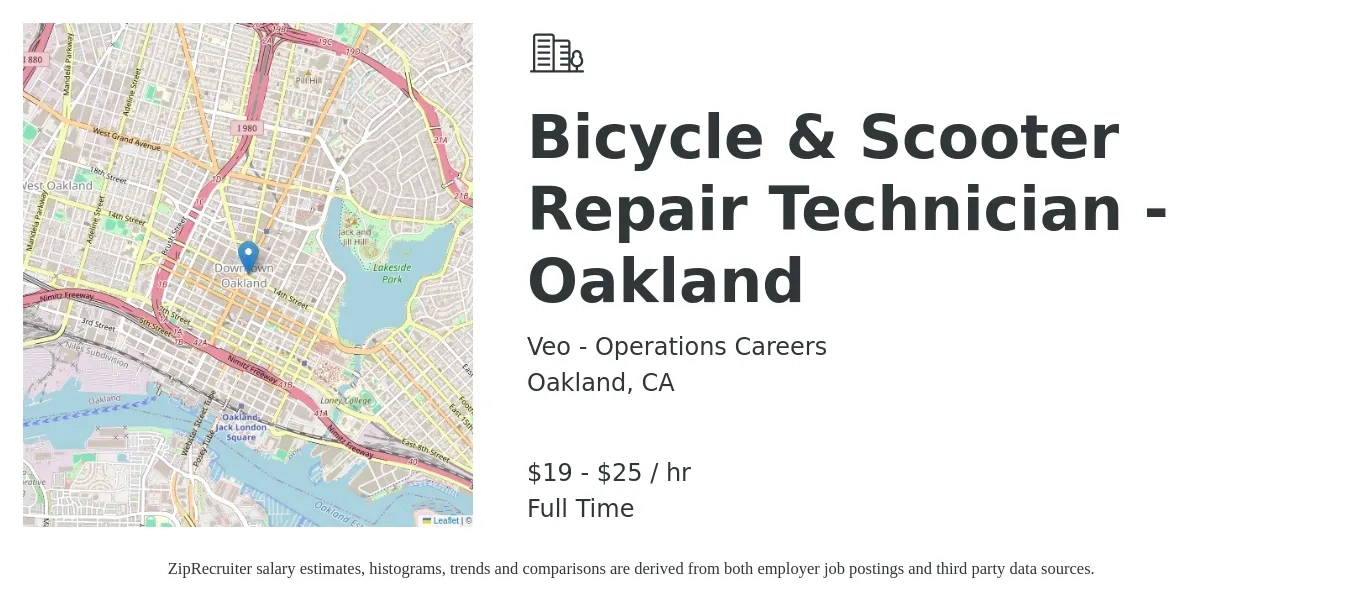 Veo - Operations Careers job posting for a Bicycle & Scooter Repair Technician - Oakland in Oakland, CA with a salary of $20 to $26 Hourly with a map of Oakland location.