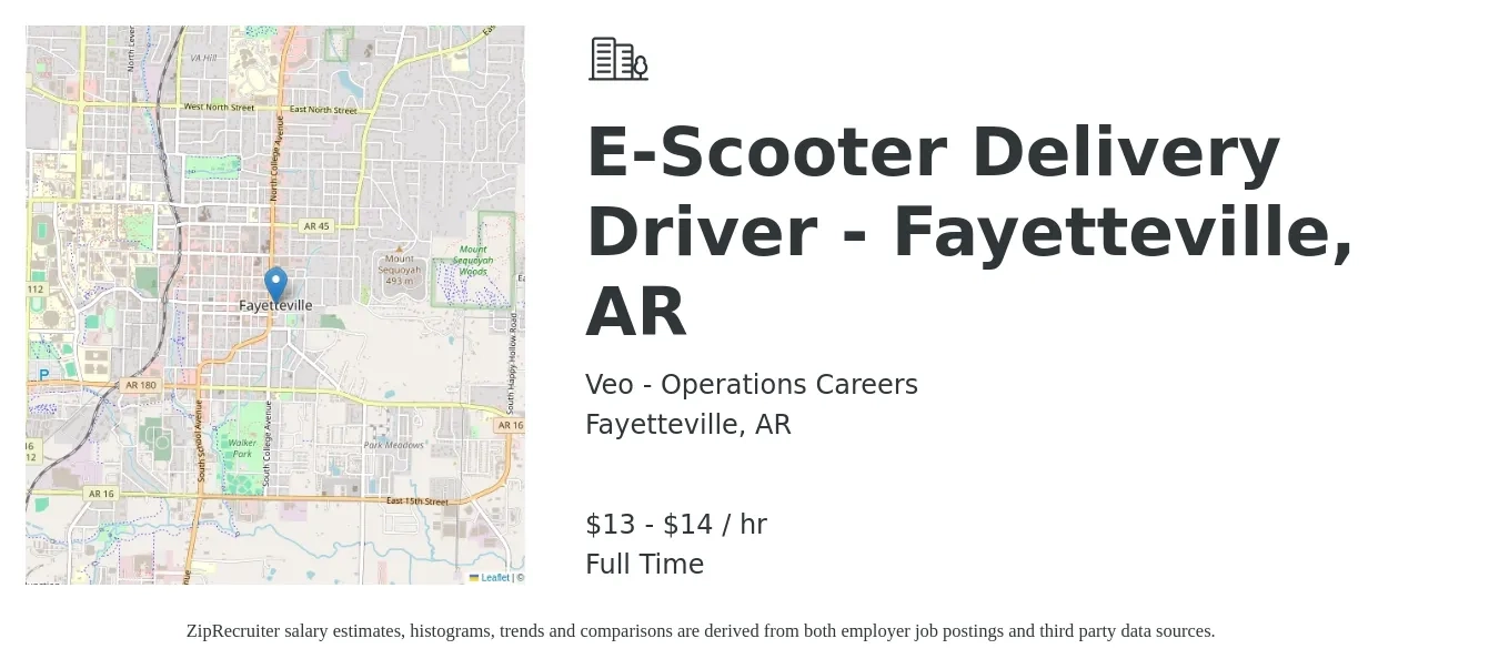 Veo - Operations Careers job posting for a E-Scooter Delivery Driver - Fayetteville, AR in Fayetteville, AR with a salary of $14 to $15 Hourly with a map of Fayetteville location.