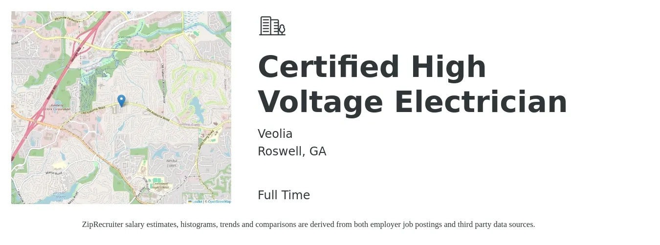 Veolia job posting for a Certified High Voltage Electrician in Roswell, GA with a salary of $34 to $66 Hourly with a map of Roswell location.