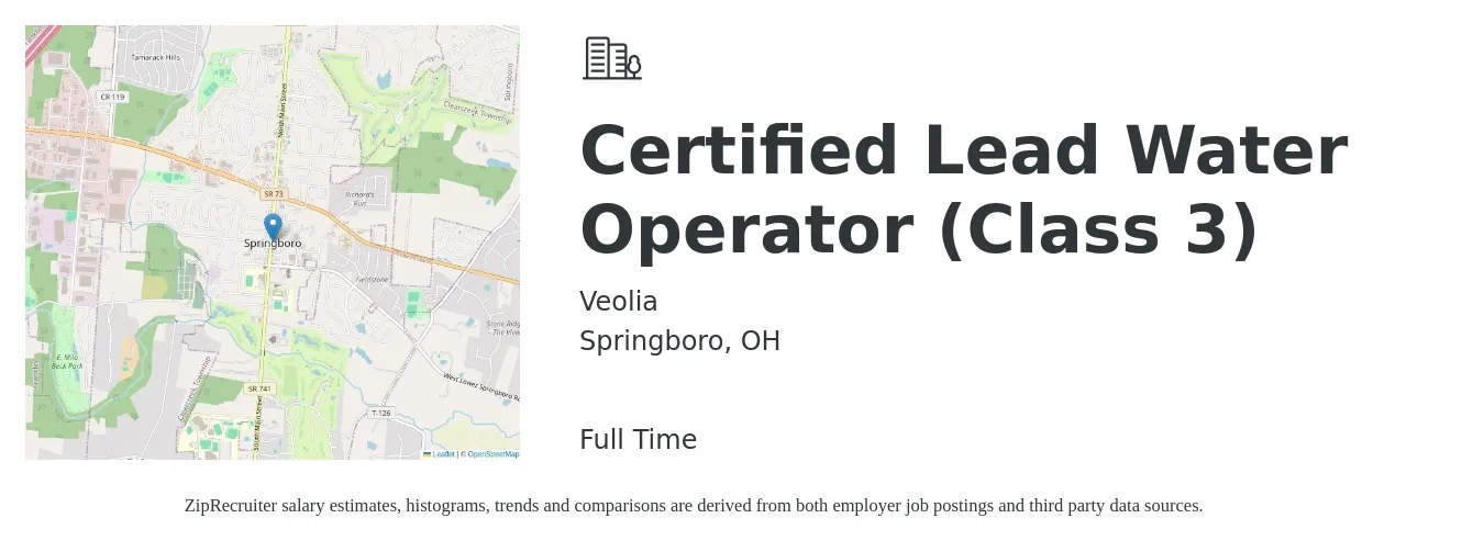 Veolia job posting for a Certified Lead Water Operator (Class 3) in Springboro, OH with a salary of $19 to $28 Hourly with a map of Springboro location.