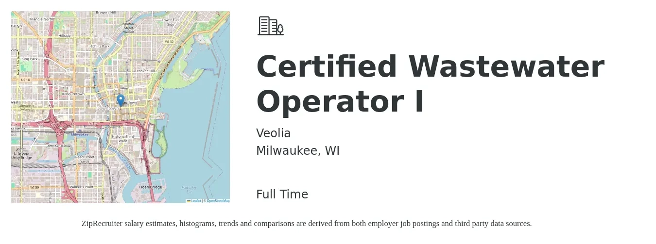 Veolia job posting for a Certified Wastewater Operator I in Milwaukee, WI with a salary of $38 Hourly with a map of Milwaukee location.