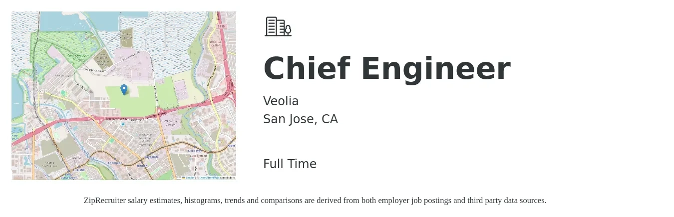 Veolia job posting for a Chief Engineer in San Jose, CA with a salary of $85 Hourly with a map of San Jose location.