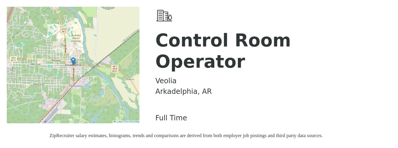 Veolia job posting for a Control Room Operator in Arkadelphia, AR with a salary of $17 to $24 Hourly with a map of Arkadelphia location.