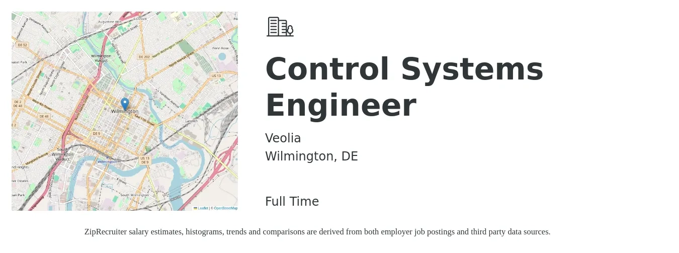 Veolia job posting for a Control Systems Engineer in Wilmington, DE with a salary of $81,500 to $122,800 Yearly with a map of Wilmington location.