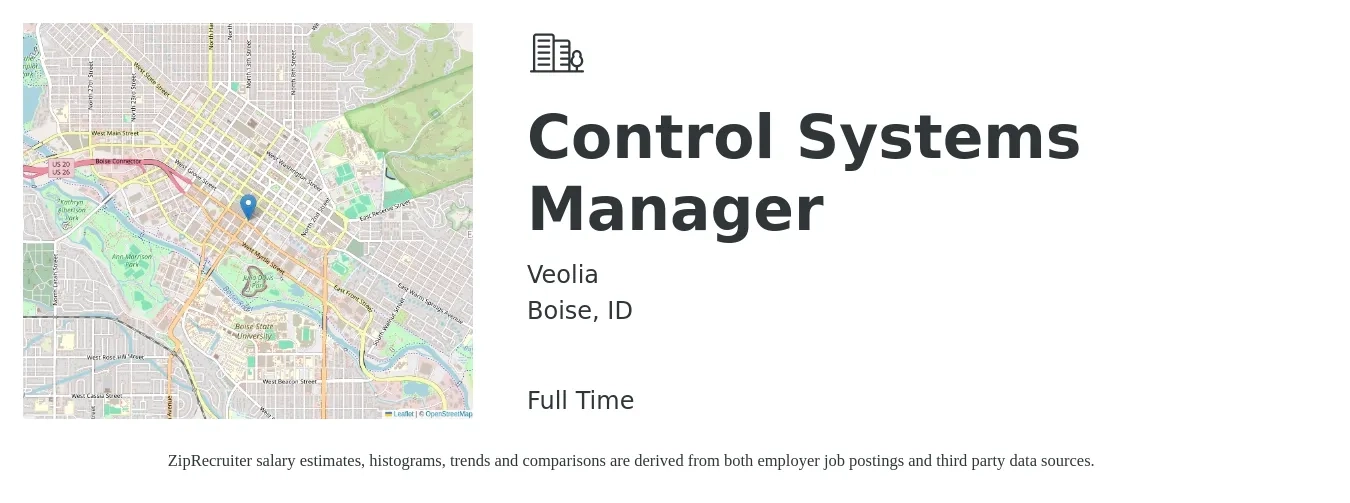Veolia job posting for a Control Systems Manager in Boise, ID with a salary of $93,300 to $123,300 Yearly with a map of Boise location.