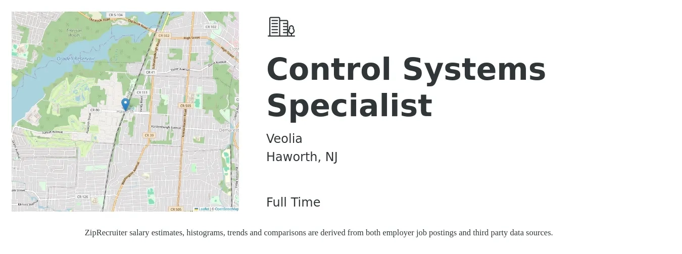 Veolia job posting for a Control Systems Specialist in Haworth, NJ with a salary of $18 to $27 Hourly with a map of Haworth location.