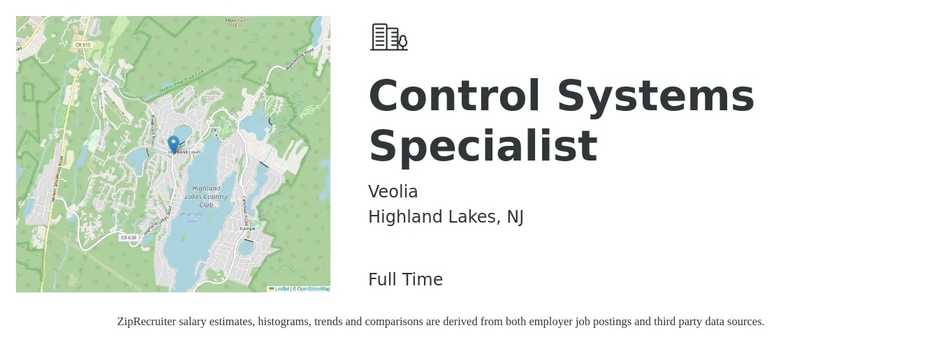 Veolia job posting for a Control Systems Specialist in Highland Lakes, NJ with a salary of $16 to $25 Hourly with a map of Highland Lakes location.