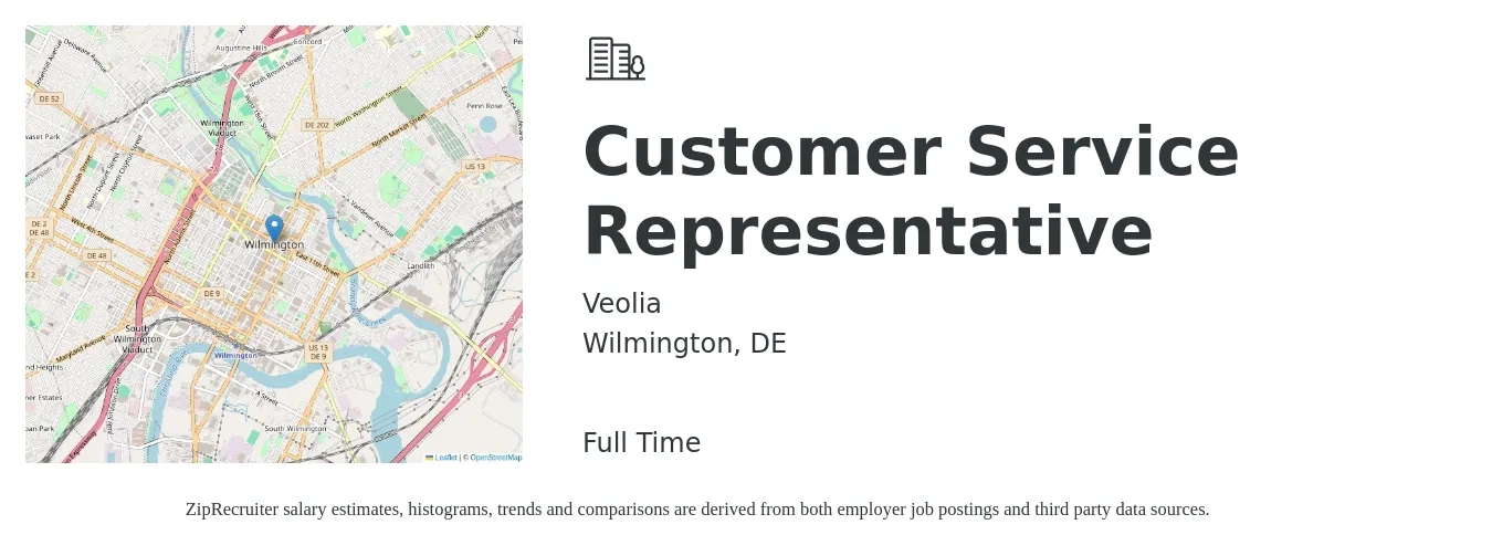 Veolia job posting for a Customer Service Representative in Wilmington, DE with a salary of $16 to $21 Hourly with a map of Wilmington location.
