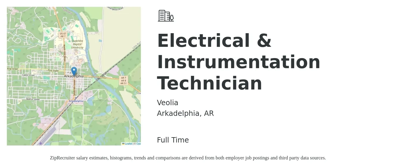 Veolia job posting for a Electrical & Instrumentation Technician in Arkadelphia, AR with a salary of $28 to $40 Hourly with a map of Arkadelphia location.