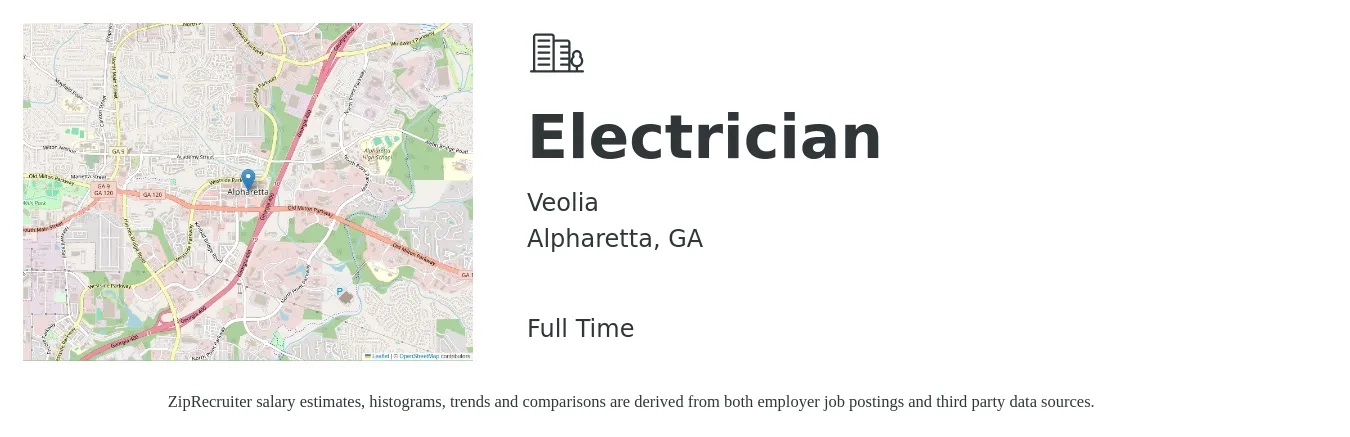 Veolia job posting for a Electrician in Alpharetta, GA with a salary of $25 to $32 Hourly with a map of Alpharetta location.