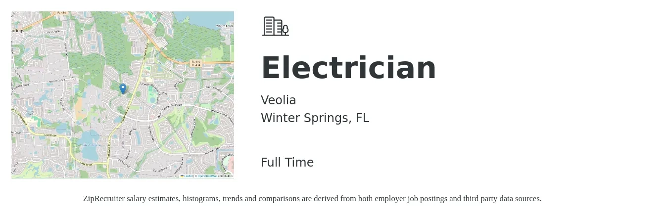 Veolia job posting for a Electrician in Winter Springs, FL with a salary of $23 to $30 Hourly with a map of Winter Springs location.