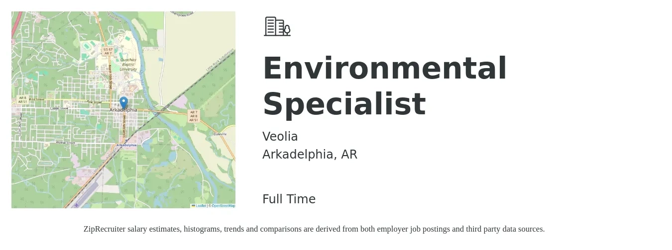 Veolia job posting for a Environmental Specialist in Arkadelphia, AR with a salary of $38,500 to $64,600 Yearly with a map of Arkadelphia location.