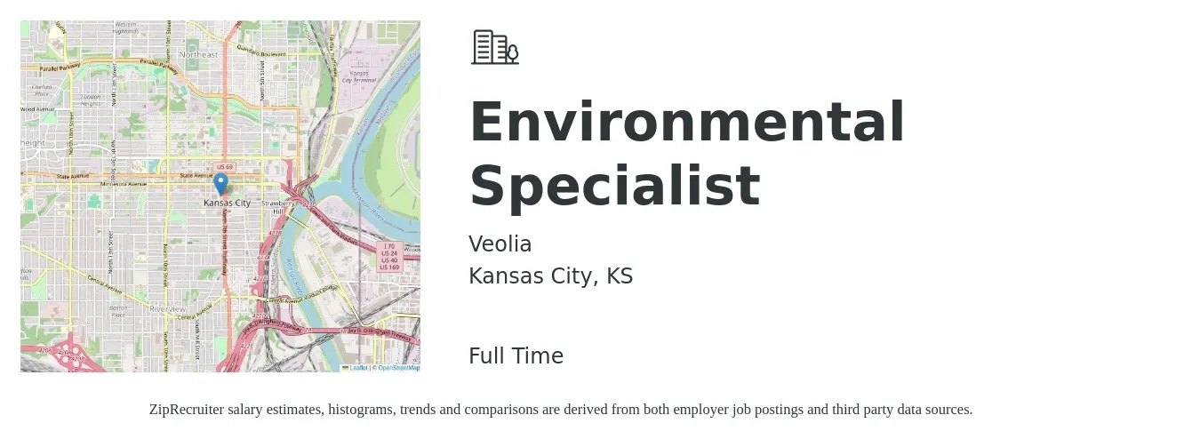 Veolia job posting for a Environmental Specialist in Kansas City, KS with a salary of $42,000 to $70,400 Yearly with a map of Kansas City location.