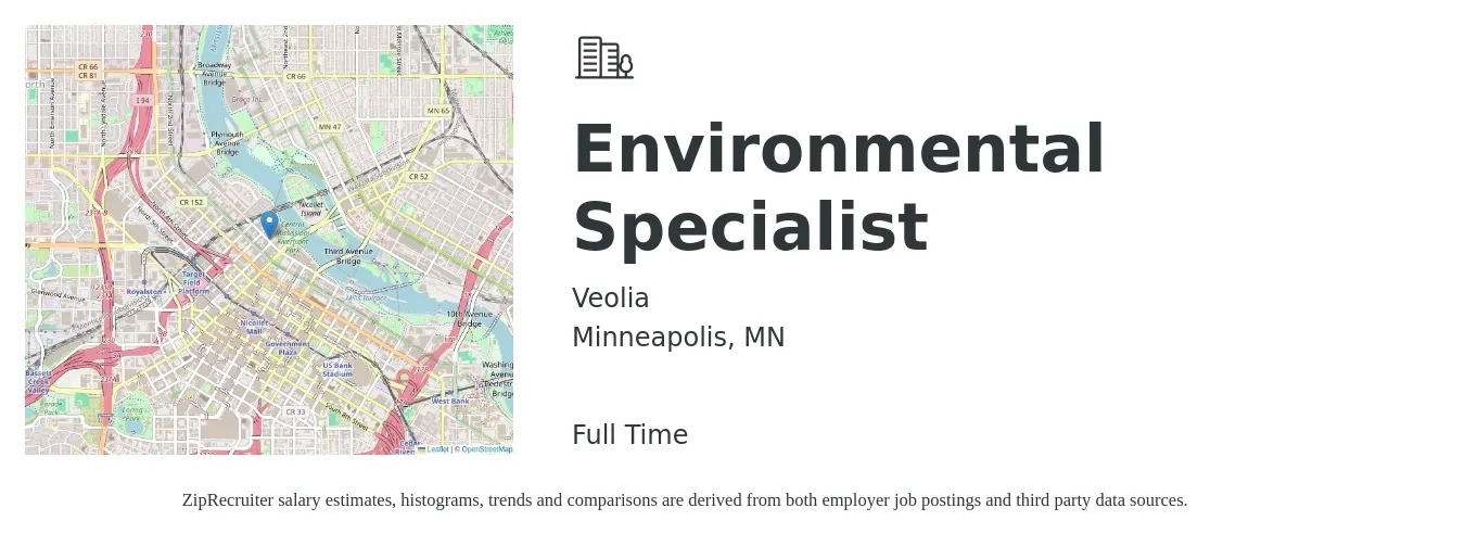 Veolia job posting for a Environmental Specialist in Minneapolis, MN with a salary of $45,400 to $76,100 Yearly with a map of Minneapolis location.