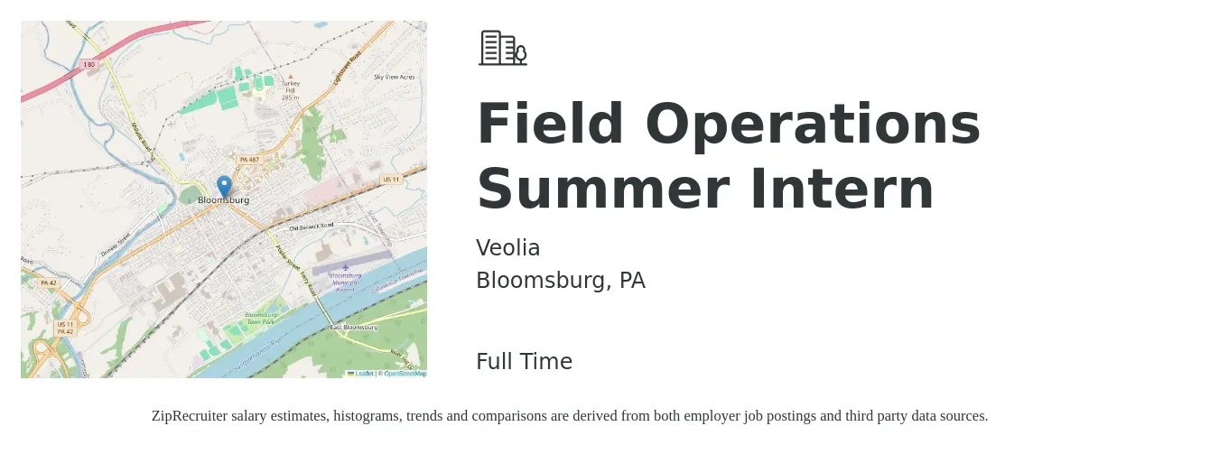 Veolia job posting for a Field Operations Summer Intern in Bloomsburg, PA with a salary of $14 to $18 Hourly with a map of Bloomsburg location.