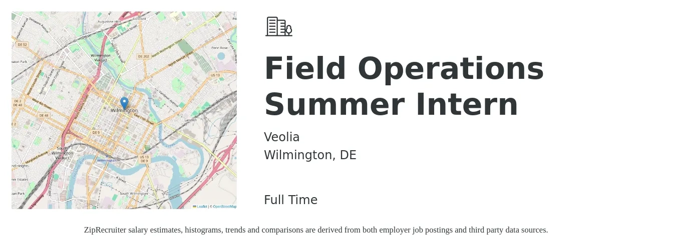 Veolia job posting for a Field Operations Summer Intern in Wilmington, DE with a salary of $15 to $20 Hourly with a map of Wilmington location.
