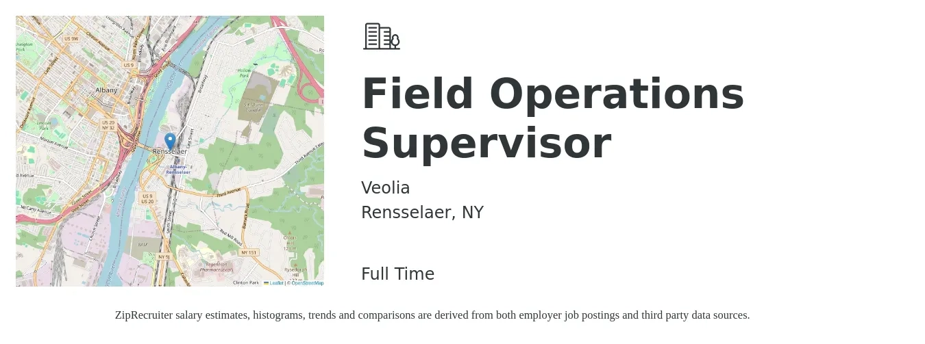 Veolia job posting for a Field Operations Supervisor in Rensselaer, NY with a salary of $26 Hourly with a map of Rensselaer location.