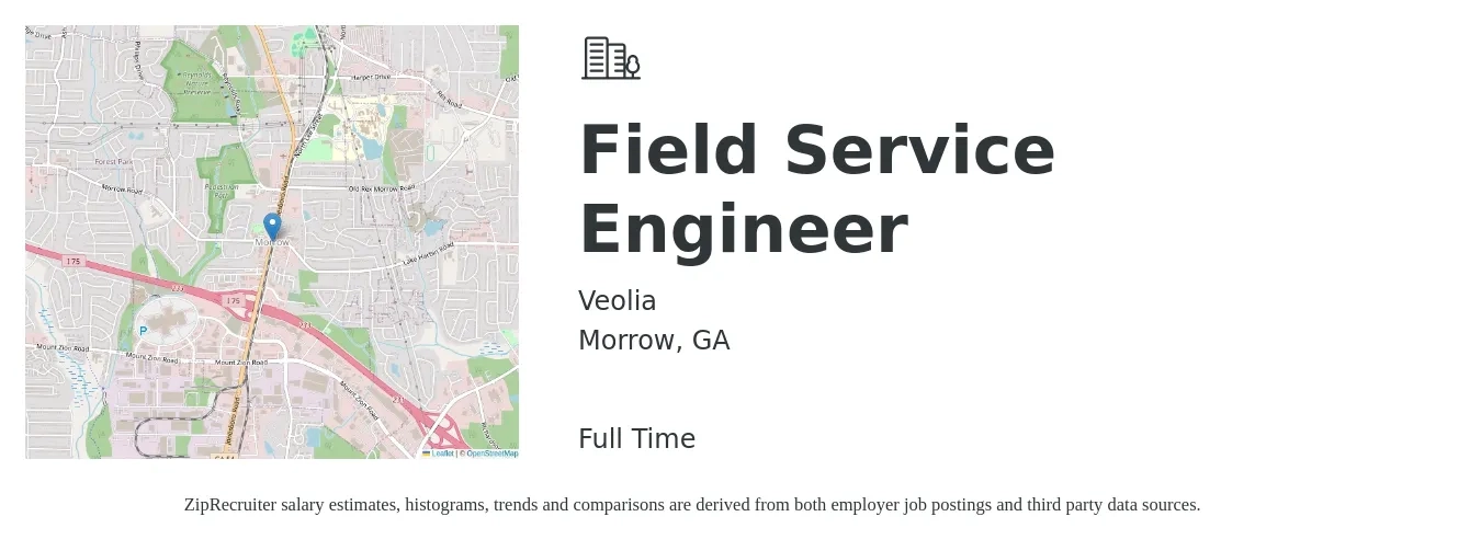 Veolia job posting for a Field Service Engineer in Morrow, GA with a salary of $54,300 to $80,400 Yearly with a map of Morrow location.