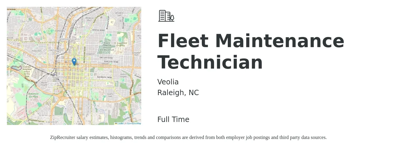 Veolia job posting for a Fleet Maintenance Technician in Raleigh, NC with a salary of $23 to $31 Hourly with a map of Raleigh location.