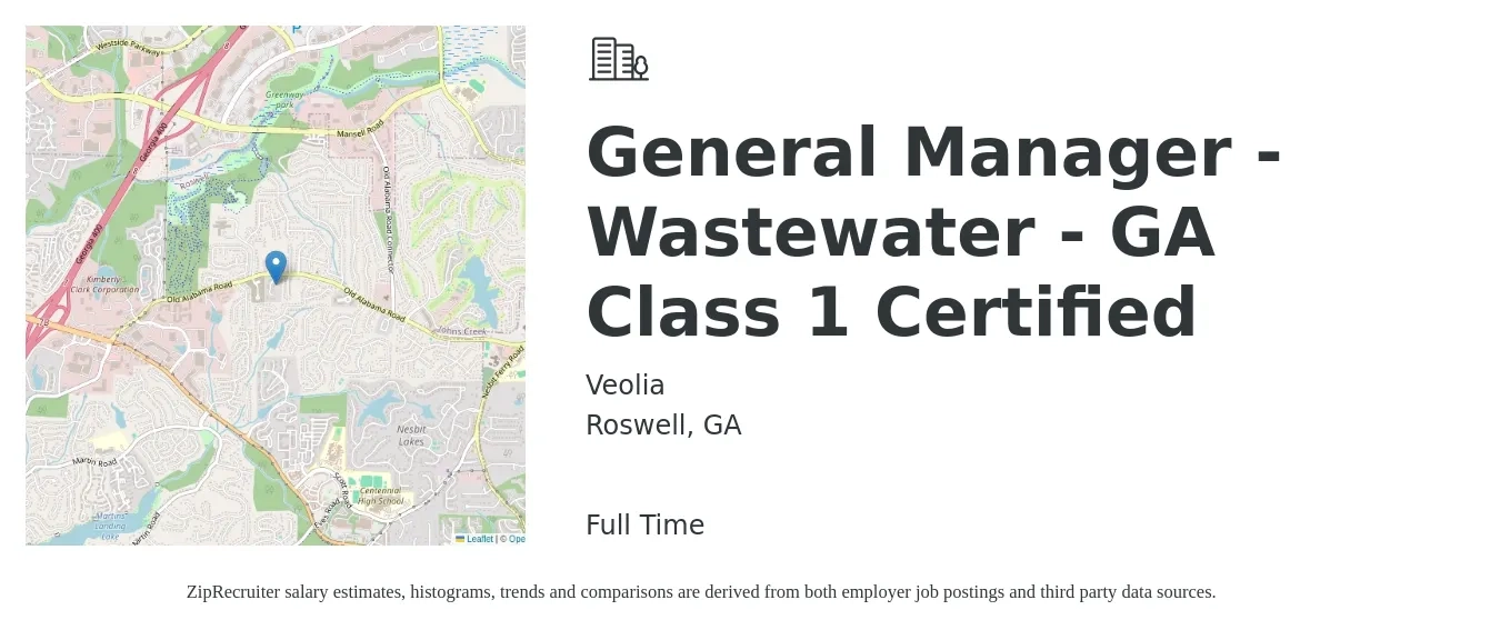 Veolia job posting for a General Manager - Wastewater - GA Class 1 Certified in Roswell, GA with a salary of $49,200 to $67,200 Yearly with a map of Roswell location.