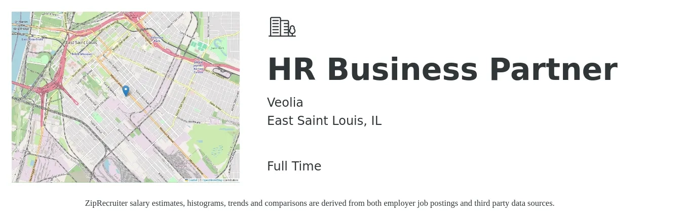 Veolia job posting for a HR Business Partner in East Saint Louis, IL with a salary of $67,600 to $96,200 Yearly with a map of East Saint Louis location.