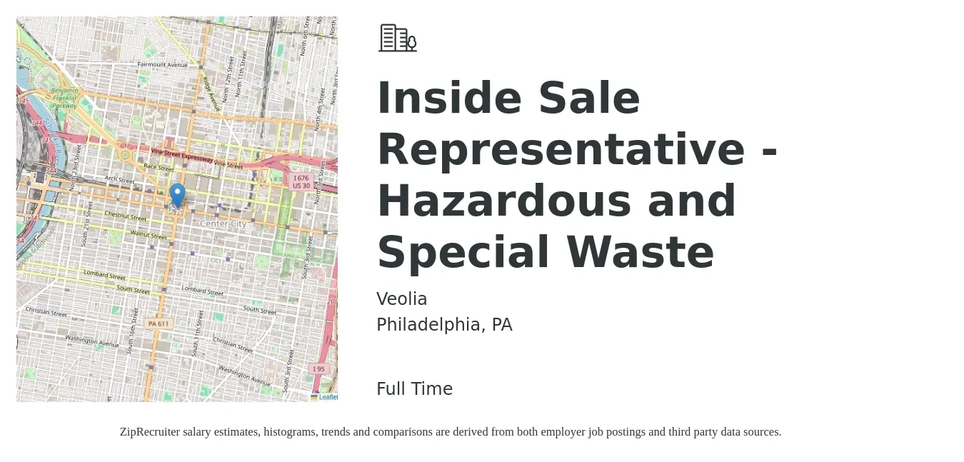 Veolia job posting for a Inside Sale Representative - Hazardous and Special Waste in Philadelphia, PA with a salary of $36,900 to $55,200 Yearly with a map of Philadelphia location.