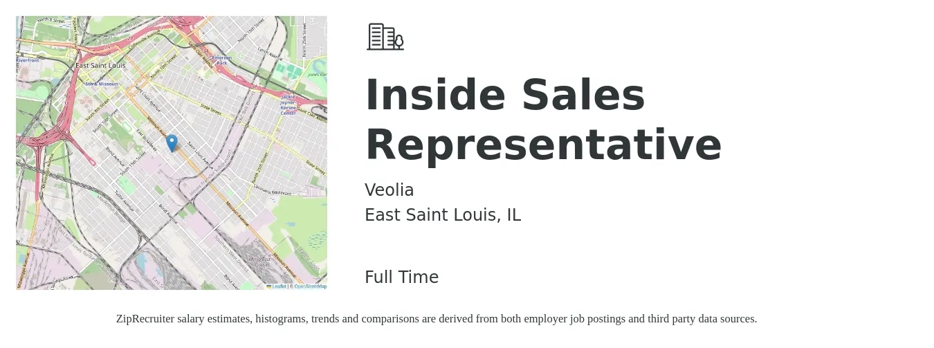 Veolia job posting for a Inside Sales Representative in East Saint Louis, IL with a salary of $37,100 to $55,400 Yearly with a map of East Saint Louis location.