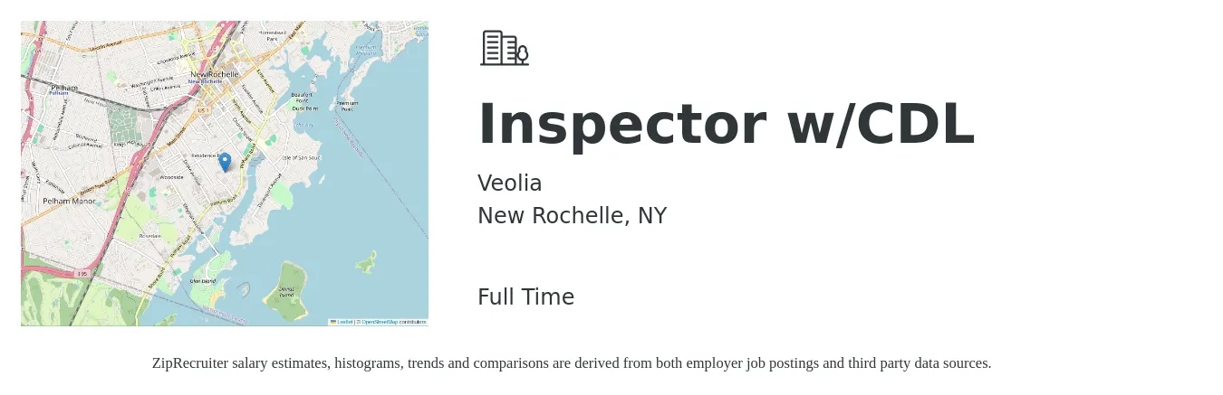 Veolia job posting for a Inspector w/CDL in New Rochelle, NY with a salary of $38 Hourly with a map of New Rochelle location.