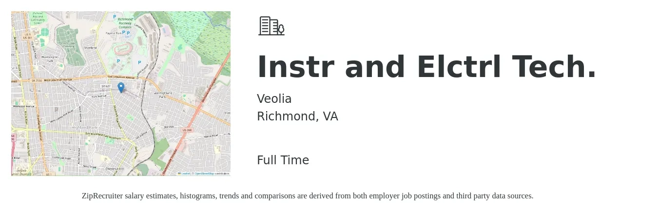 Veolia job posting for a Instr and Elctrl Tech. in Richmond, VA with a salary of $34,500 to $40,000 Yearly with a map of Richmond location.