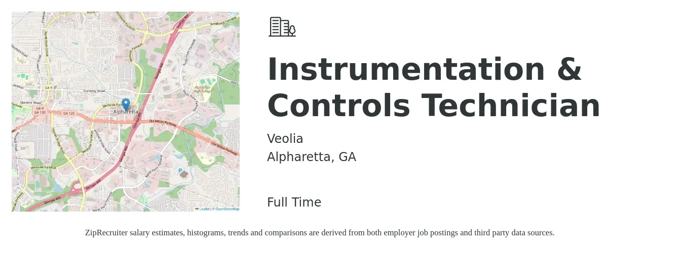 Veolia job posting for a Instrumentation & Controls Technician in Alpharetta, GA with a salary of $28 to $40 Hourly with a map of Alpharetta location.