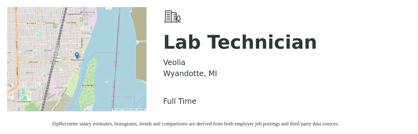 Veolia job posting for a Lab Technician in Wyandotte, MI with a salary of $18 to $24 Hourly with a map of Wyandotte location.