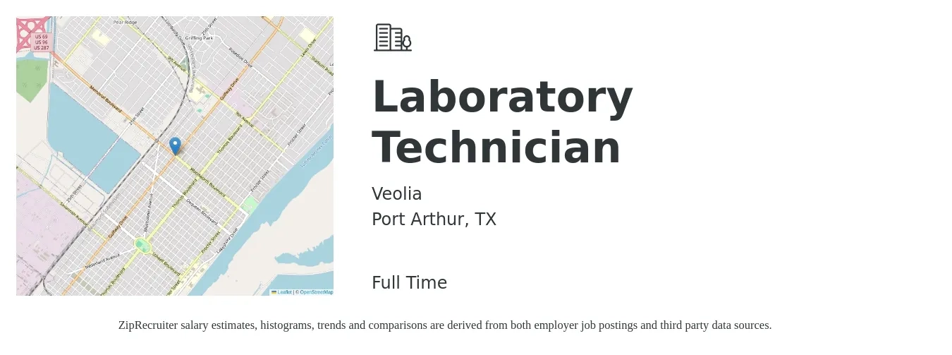 Veolia job posting for a Laboratory Technician in Port Arthur, TX with a salary of $16 to $21 Hourly with a map of Port Arthur location.