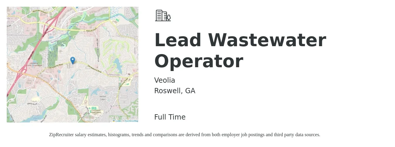 Veolia job posting for a Lead Wastewater Operator in Roswell, GA with a salary of $20 to $28 Hourly with a map of Roswell location.