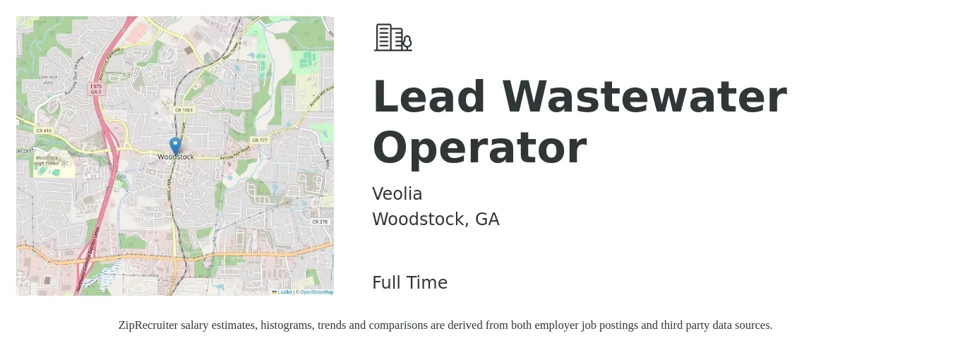 Veolia job posting for a Lead Wastewater Operator in Woodstock, GA with a salary of $20 to $27 Hourly with a map of Woodstock location.