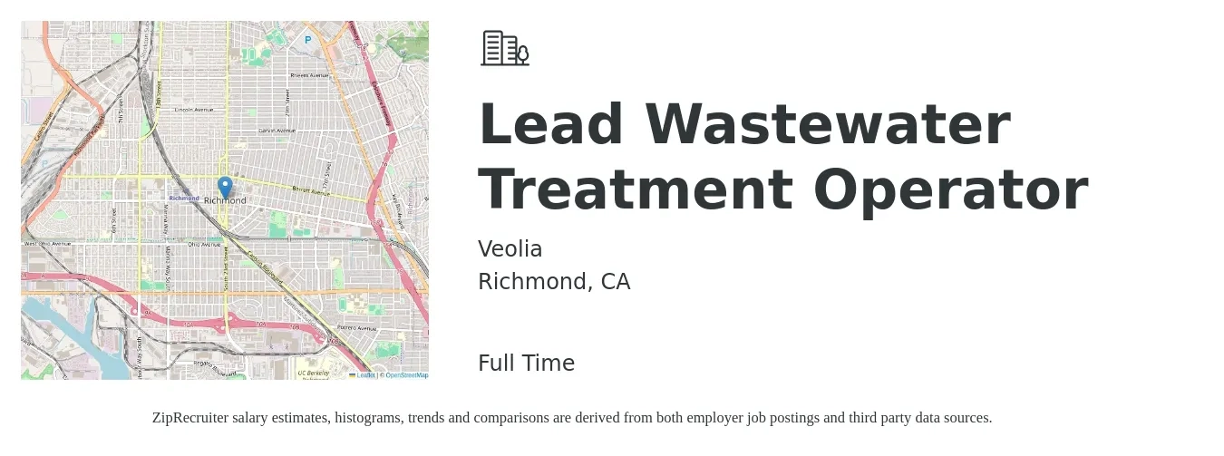 Veolia job posting for a Lead Wastewater Treatment Operator in Richmond, CA with a salary of $30 to $50 Hourly with a map of Richmond location.