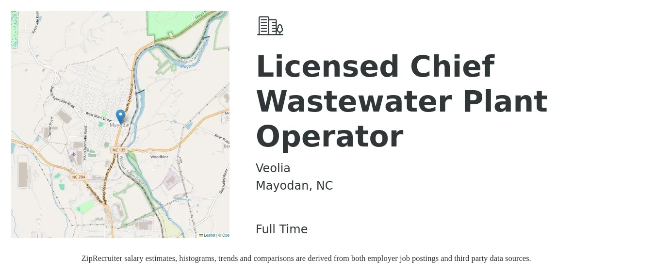 Veolia job posting for a Licensed Chief Wastewater Plant Operator in Mayodan, NC with a salary of $42,000 to $65,300 Yearly with a map of Mayodan location.