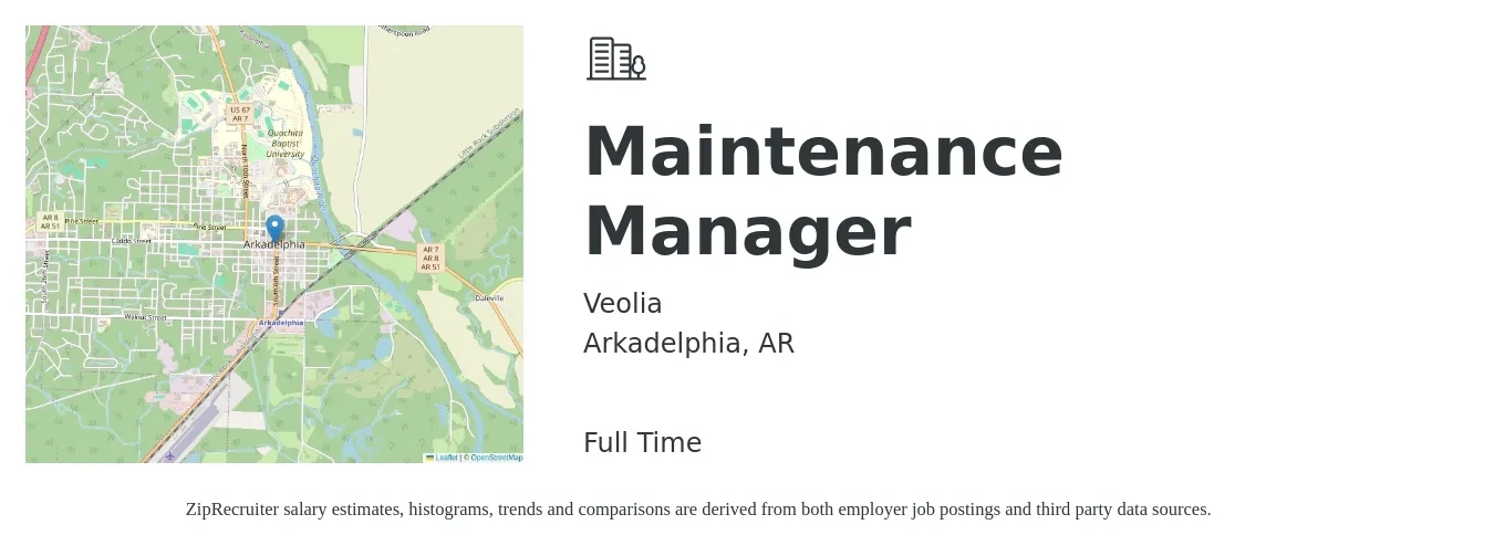 Veolia job posting for a Maintenance Manager in Arkadelphia, AR with a salary of $21 to $35 Hourly with a map of Arkadelphia location.