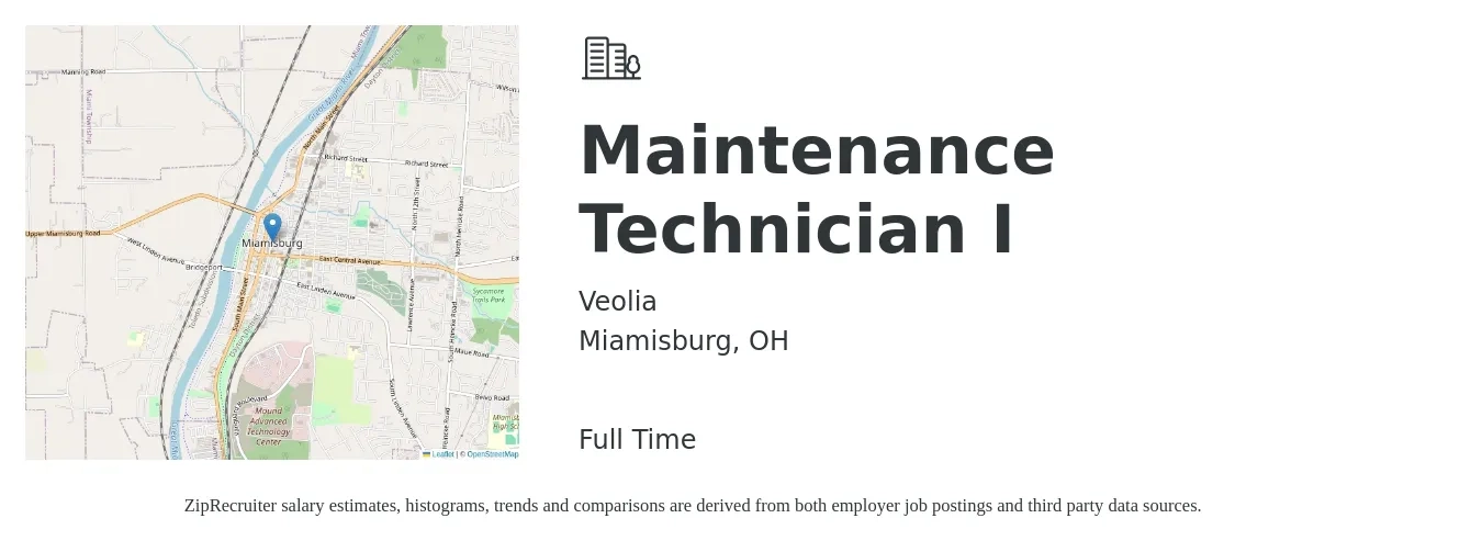 Veolia job posting for a Maintenance Technician I in Miamisburg, OH with a salary of $17 to $24 Hourly with a map of Miamisburg location.