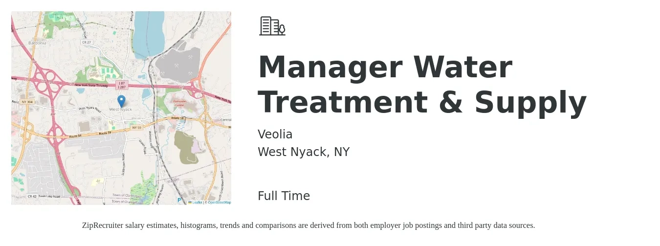 Veolia job posting for a Manager Water Treatment & Supply in West Nyack, NY with a salary of $100,000 to $120,000 Yearly with a map of West Nyack location.